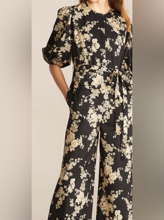 Rebecca Taylor Pants - Rebecca Taylor Black and Cream Floral Tie Waist Cotton Jumpsuit - Size 12